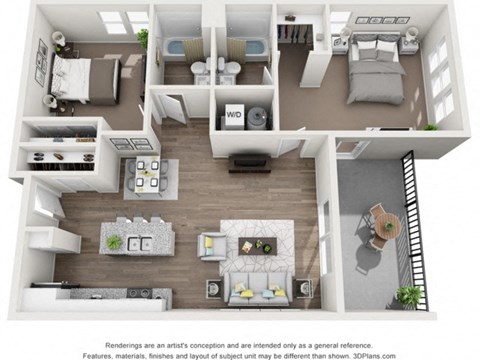 Floor plan for 2 beds, 2 baths, 1133 sqft